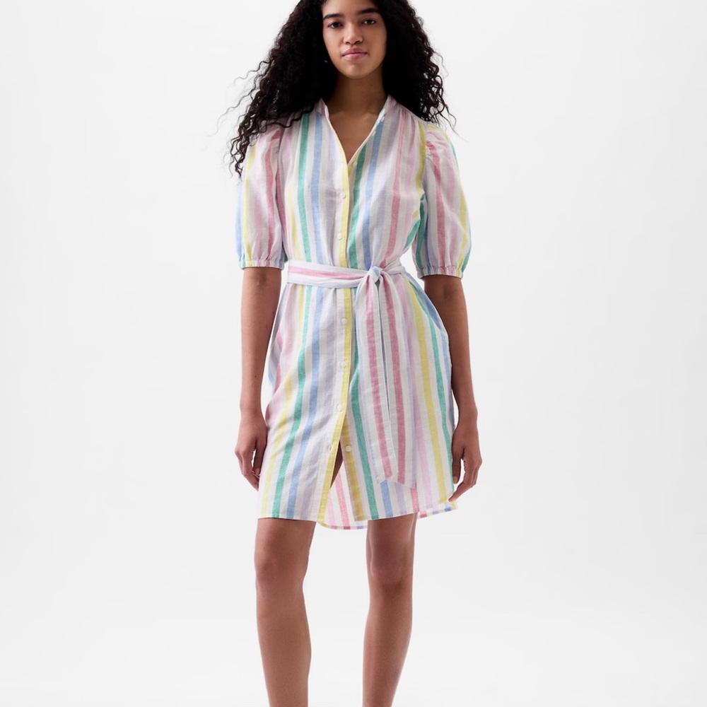 BRAND NWT Gap Linen-Cotton Puff Sleeve Mini Shirtdress